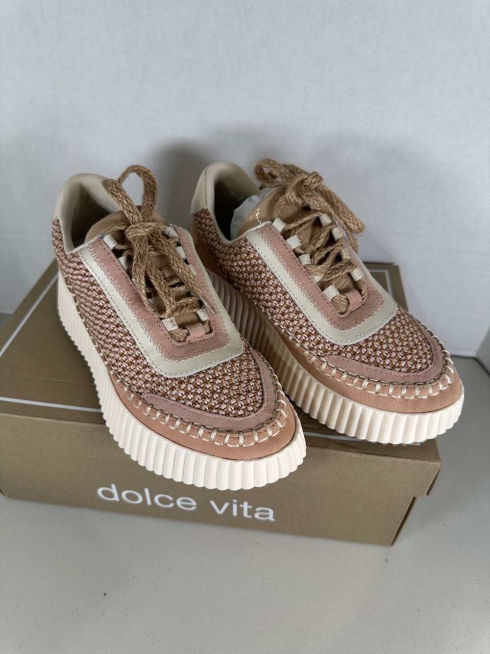 Dolce Vita Pink and Cream Woven Platform Sneakers with Rope Laces